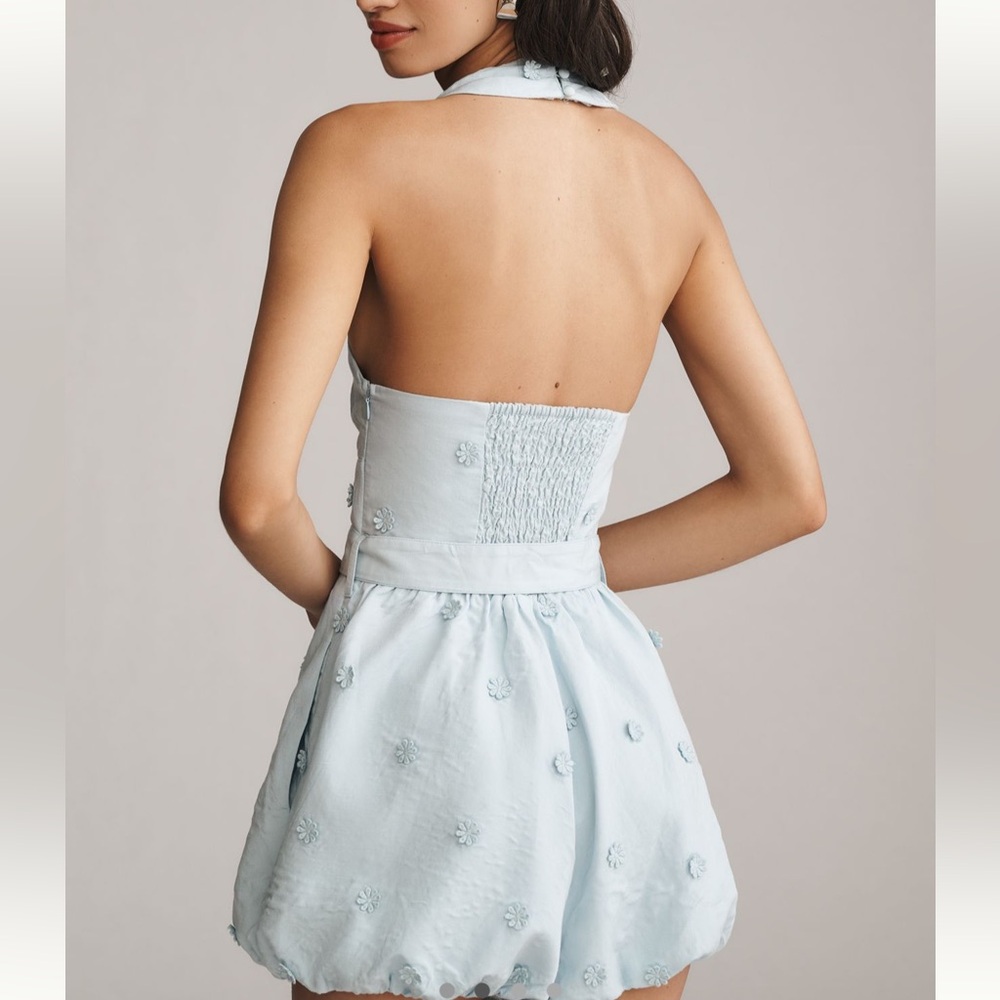 Maeve Linen Blend Halter 3D Floral Embellished
Belted Bubble Romper - Picture 2 of 4